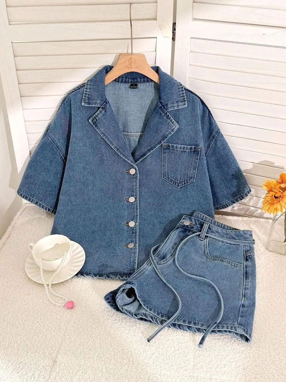 Women’s Blue Denim 2 Piece Set, Short Sleeve Button Shirt & Shorts, Casual Summer Vacation Streetwear Outfit