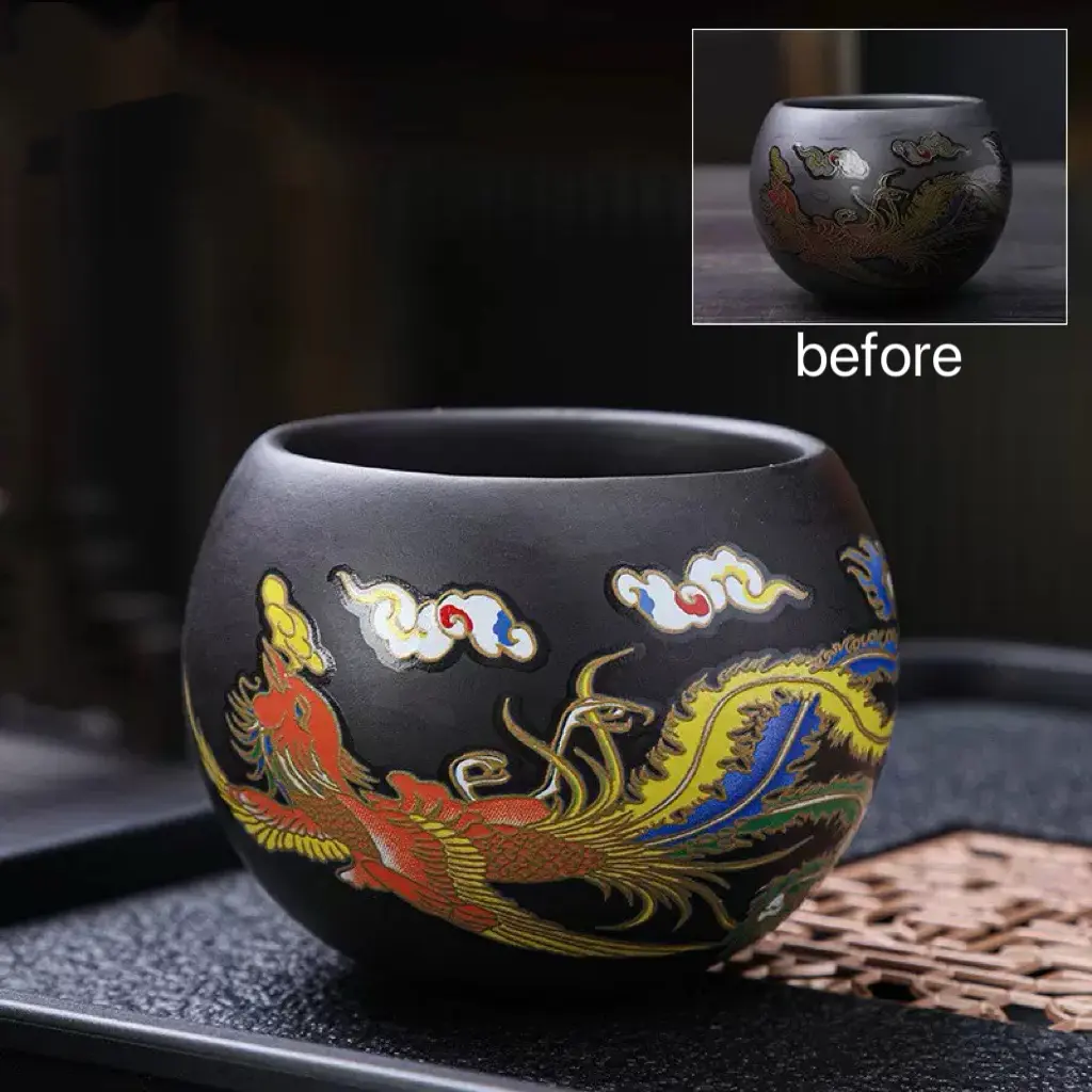 Jianzhan Kung Fu tea cup with heat-sensitive color-changing Phoenix pattern symbolizes harmony and prosperity of dragons and phoenixes