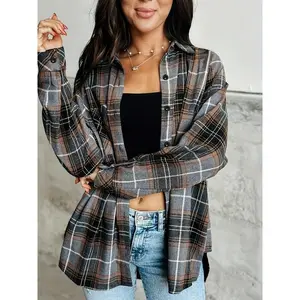 NewWomen'S Casual Flannel Plaid Shacket Button Long Sleeve Gray Shirt Jacket Coats With Pockets