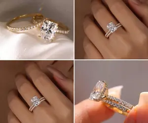 Hidden Halo Radiant Cut Ring Set - 18K Yellow Gold Double Pave Wedding Band, Elegant Engagement Jewelry