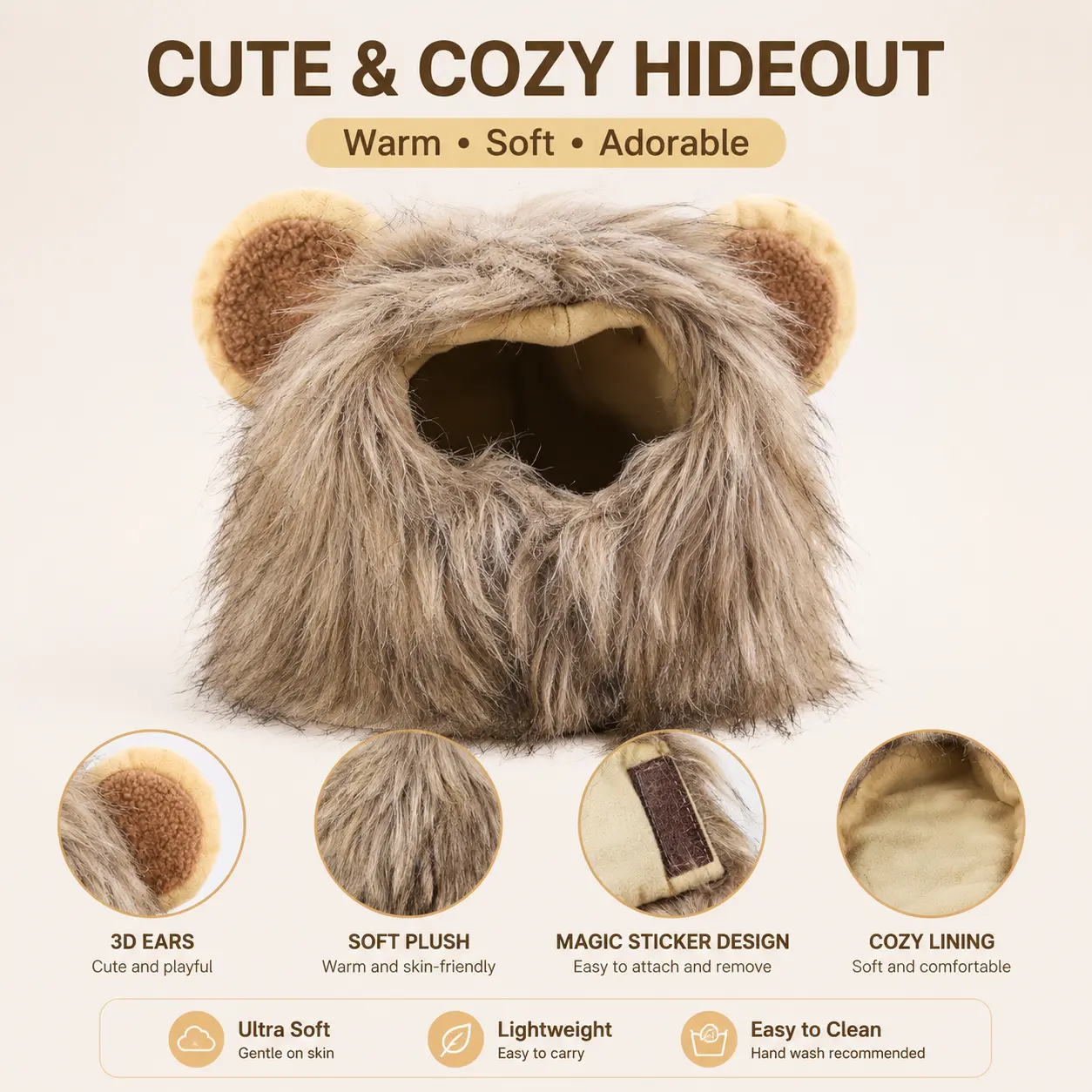 Fuzzy Plush Pet Lion Mane Hat - 1 Count, 3D Ears, Soft Fleece Lining, Small Sizes for Cats & Small Dogs, Playful Furry Look, Daily Wear Dress Up
