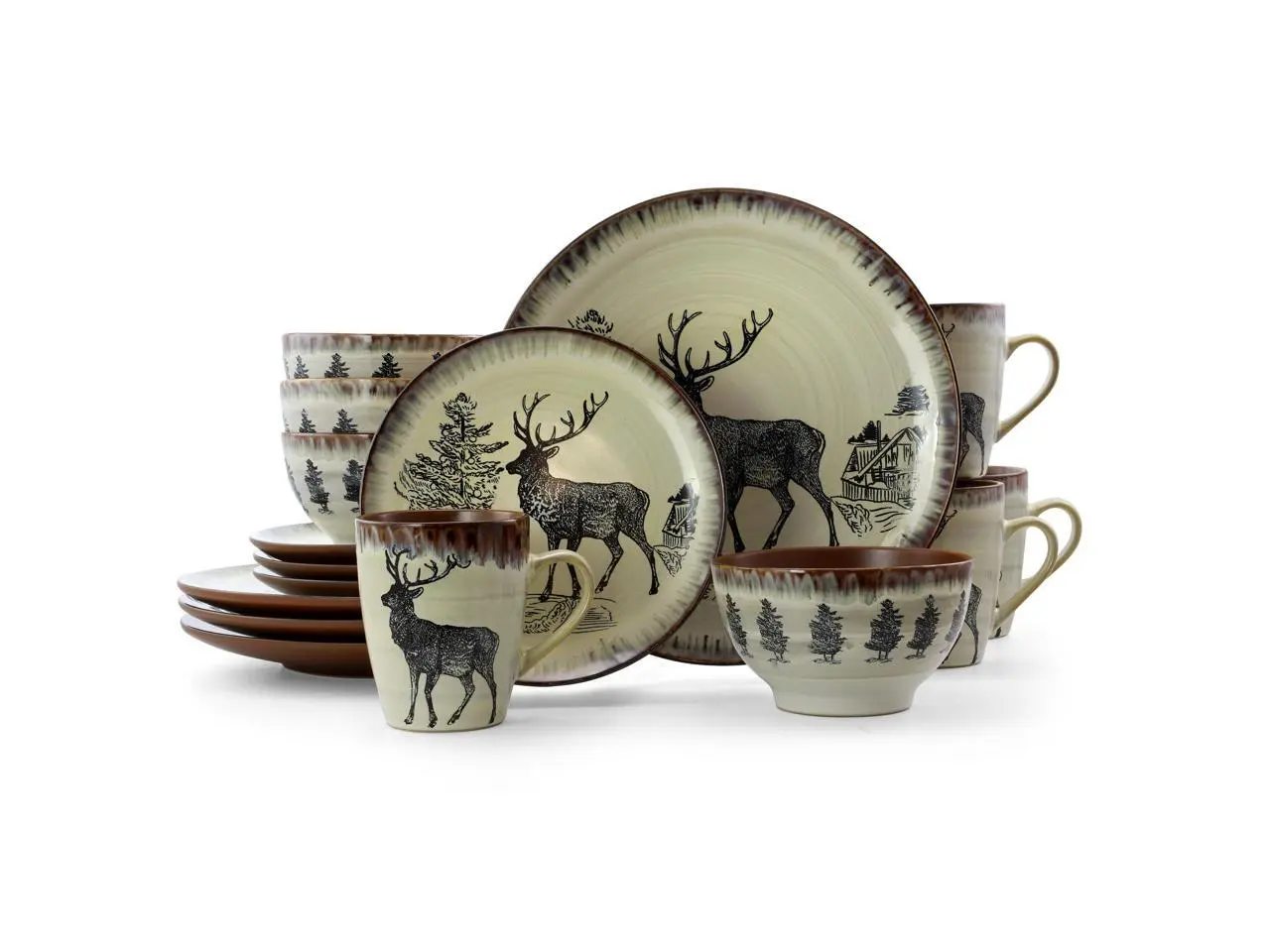 Elama Majestic Elk 16 Piece Round Stoneware Dinnerware Set in Taupe
