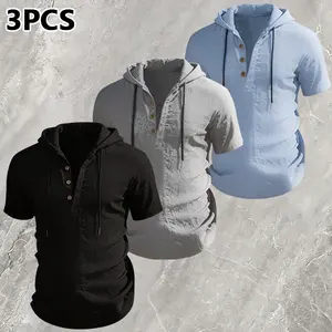 Men's Linen Hooded Henley Shirt - Short Sleeve Casual Pullover with Button Placket & Drawstring, Lightweight & Breathable Summer Top for Beach, Travel, Daily Wear ( S-XXXL)