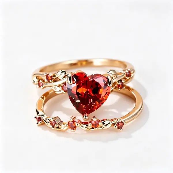 Heart Couple Ring, Elegant Stackable Heart Puzzle Two Piece Ring Set, Copper Red & Green Zircon Inlaid Adjustable Rings, Tarnish Resistant Durable Matching Jewelry for Wedding, Engagement, Valentine's Day & Daily Casual Wear for Women Men
