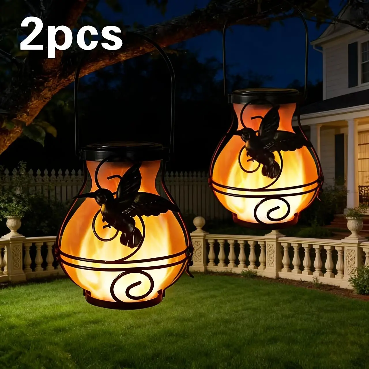2-Pack Solar Hummingbird Hanging Flickering Flame Lanterns, Waterproof Outdoor Decorative Lights for Patio, Garden, Porch