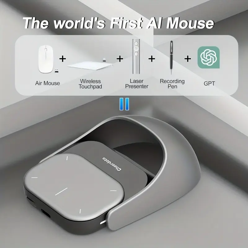 2025 Wireless AI GPT Mouse with Voice Recording Device, AI Summary, Detachable Presenter Laser Remote Control, Enhanced Functionality to Boost Productivity, Capture and Summarize Presentations, Compatible with PC, Mac, Laptop (Black Office Mouse)