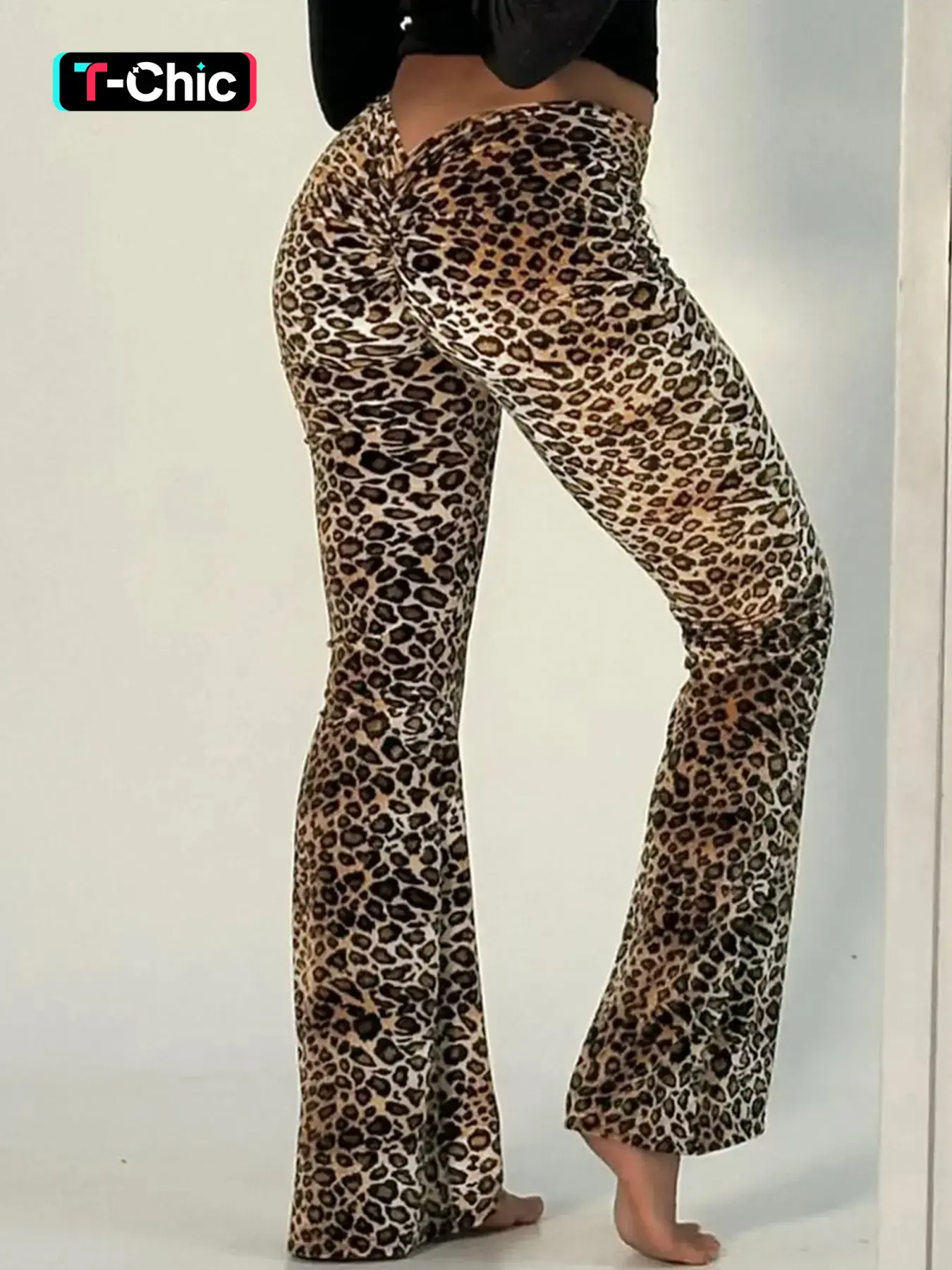 Women's Velvet Leopard Print Ruched Flared Leg Long Pants Baggy Stretchy Elastic Tight Fit Buttery Soft Leggings, Party Club Night Out Music Festival Daily Casual Plicated Flounce Trousers Bottoms, Ladies Spring Fall Winter Outdoor Pants