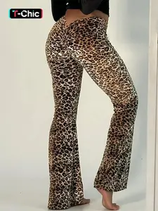 Women's Velvet Leopard Print Ruched Flared Leg Long Pants Baggy Stretchy Soft Leggings, Party Club Night Out Music Festival Daily Casual Plicated Flounce Trousers Bottoms, Ladies Spring Fall Winter Outdoor Pants