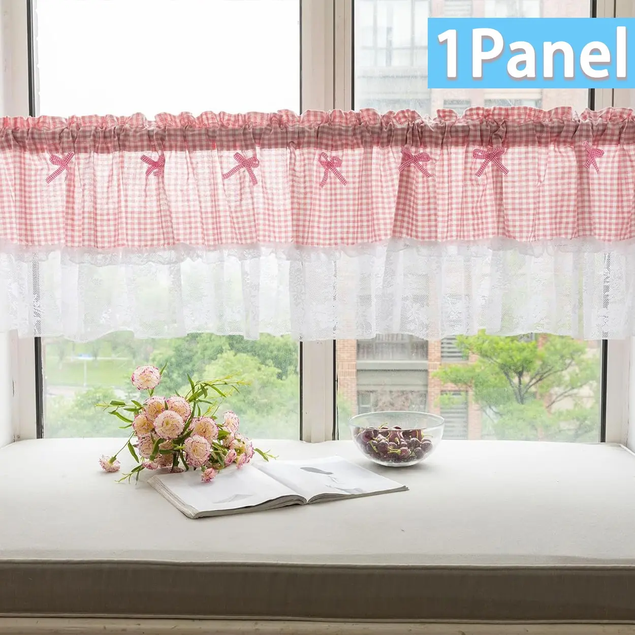 1PC Plaid Lilian Short Curtain for Kitchen Dining Room, Blue French Country Romantic Mesh Window Drapes, Grid Patchwork Coffee Curtains, Window Valance, Curtain Valances, Home Decoration Curtain, Window Hanging, Home Decorative Curtain