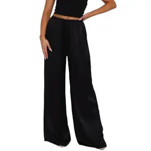 Women Y2k Silk Satin Pajamas Pants Drawstring Elastic Waist Wide Leg Pants Comfy Palazzo Trousers Pj Bottoms