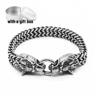 Steel Wolf Head Franco Link Curb Chain Bracelet for Men Spring Ring Clasp,Stainless Steels Bangle for Biker Mens Fashionable & Trendy Jewelry for Daily Oufit
