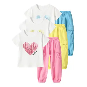 #SummerVibes 6-piece girls' summer leisure suit 4-12-year-old children's heart-shaped printed short-sleeved shirt and solid color jogging pants suit