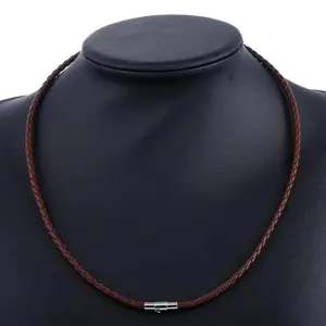 Men's Woven Leather Necklace with Stainless Steel Clasp - Brown or Black, 3 Widths, 4 Lengths