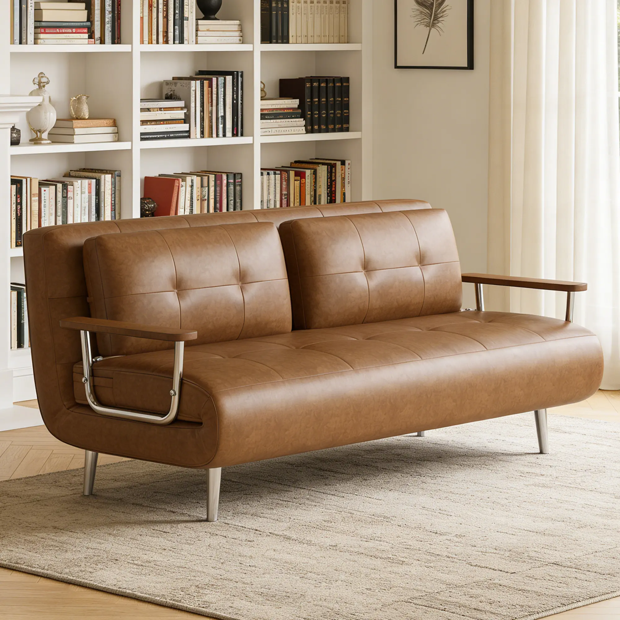 Modern 70.86” Leather Sofa Bed: A foldable double bed with a sturdy metal frame and foam padding. Ideal furniture for the living room, office, or study, in brown.