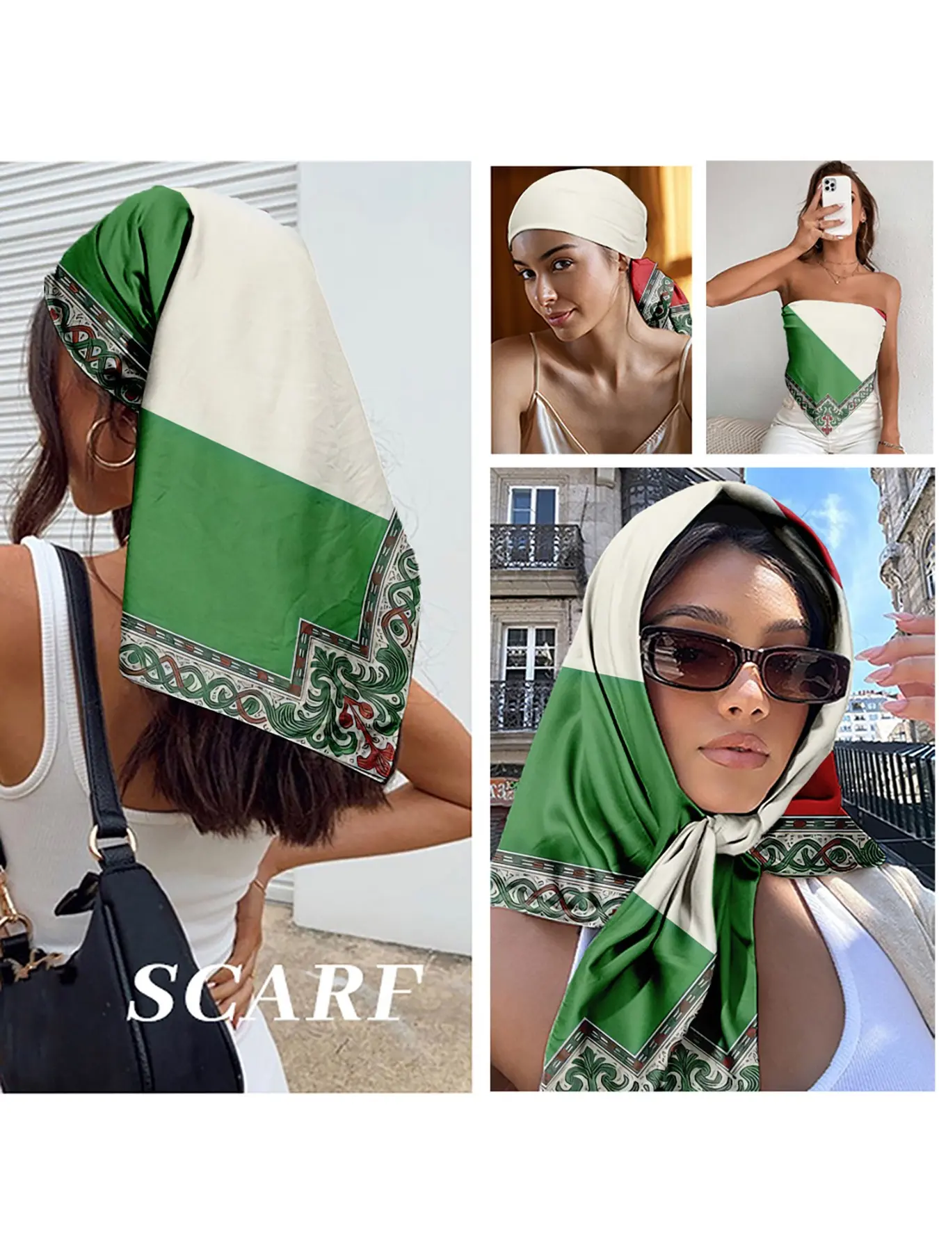 Italian Flag & Gorgeous Border Satin Square Scarf for Women – Everyday and Cultural Heritage Celebration Patriotic Headscarf, Vintage Headband, Festival Essential, Summer Vacation Accessory