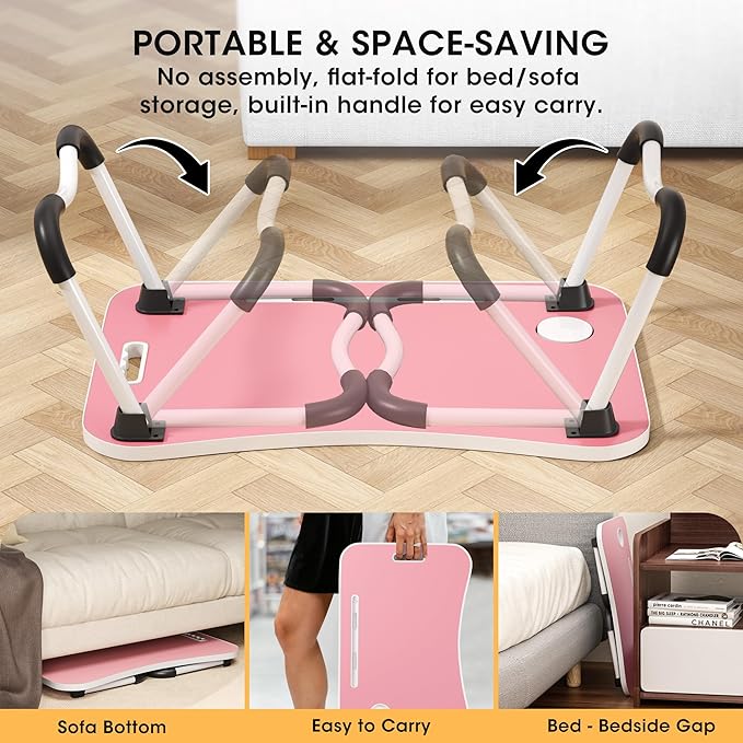 Foldable Laptop Table, Portable Lap Desk Bed Table Tray, Laptop Stand with Cup Holder & Tablet Slot & Lifting Handle for Working Writing Drawing & Eating
