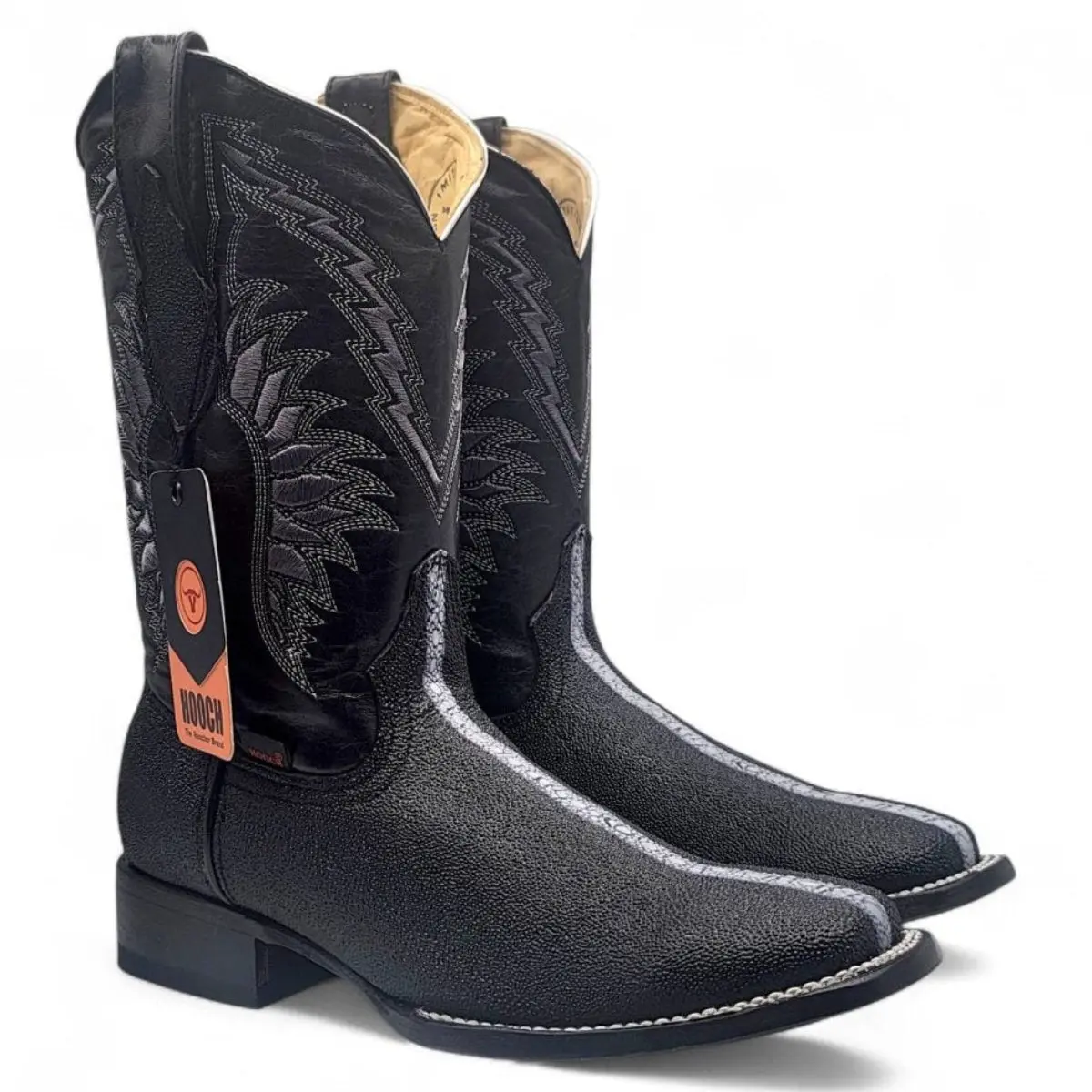 Botas de Mantarraya Grabada Perla Completa Punta Cuadrada Color Negro - Hooch Boots