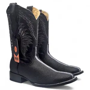 Botas de Mantarraya Grabada Perla Completa Punta Cuadrada Color Negro - Hooch Boots