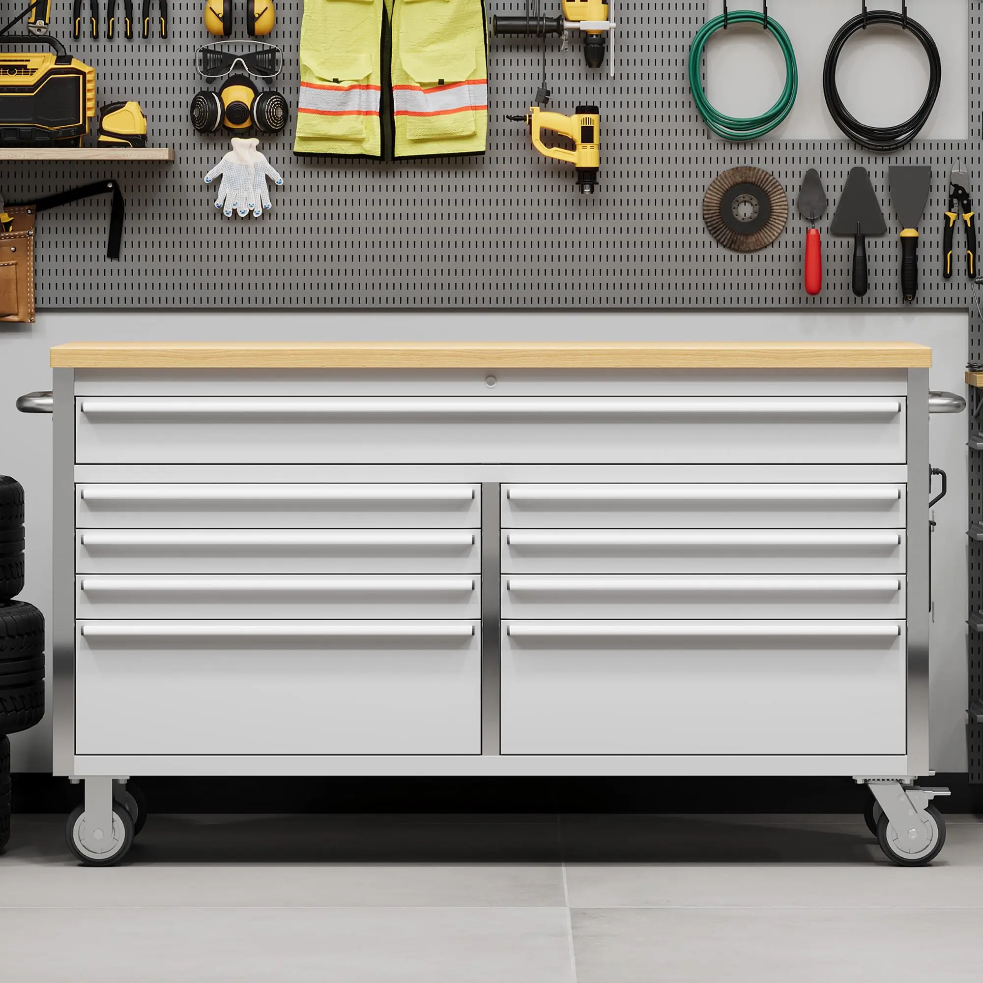 GARVEE 61 Inch Garage Tool Cabinet with 9 Drawers, Garage Workbench/Storage Cabinet, Rolling Toolbox Stainless Steel Tool Bench with Locking System, Metal Construction, Workshop/Garage/Home