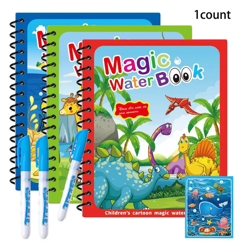 Reusable Magic Watercolor Book with Colorful Pens, 1 Count Educational Toy for Kids, 3 Styles Ocean Animal Dinosaur, Perfect Gift for Birthdays Christ