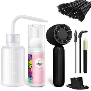 Lash Shampoo for Lash Extensions, Lash Cleaning Kit 60ml Lash Cleanser, Handheld Lash Fan Rechargeable, Mascara Brushes Lash Brush Rinse Bottle for Professional Salon Use and Home Wash Eyelash (Black)