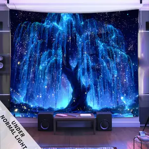1pc Glowing Starry Night Tree Tapestry - Large Size Fluorescent Printed Banner, Polyester Fabric Wall Hanging for Bedroom, Office, Living Room Decor, No Installation Required, Indoor Use, Bedroom Wall Decor | Mystical Atmosphere | Vibrant Print,