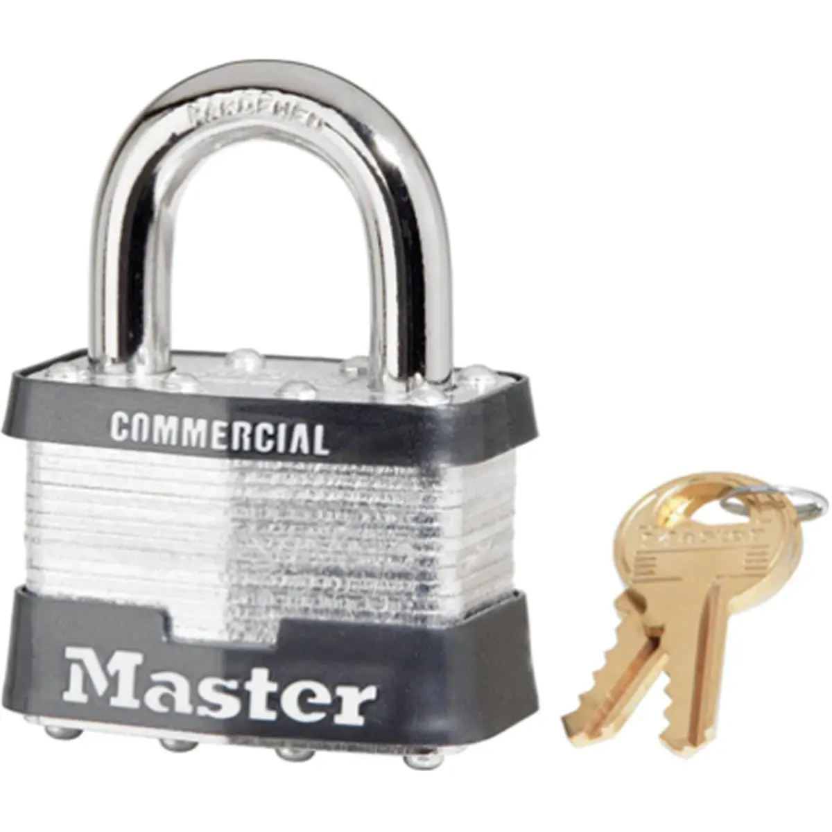 Master Lock Metal Keyed Padlock for Motorcycles - 2 in Wide Laminated Steel, Brass 4-Pin Tumbler, Dual Steel Levers Anti-Theft Dual Locks, 0.8 lbs, Automotive Security Accessory, 2 Inches