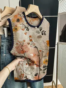 Women's Casual Loose-Fitting Round Neck Sleeveless Knit Top, Spring Summer Fall, Deep Blue Border Print Sweater