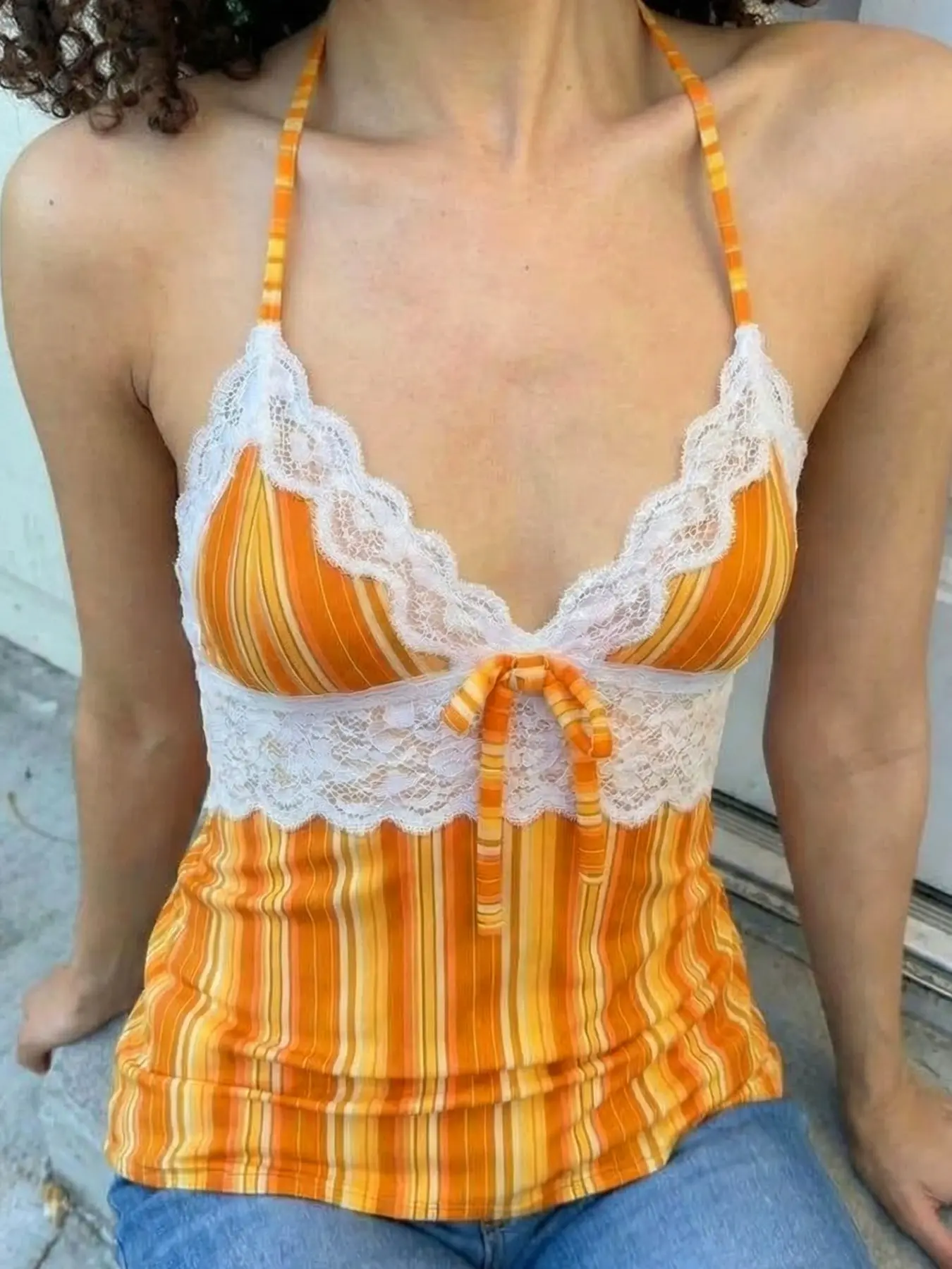 Summer Colorblock Lace Splicing Striped Draped Halter Neck Design Rust Orange Top, Womenswear, Women's Vacation Style Sexy Shoulderless Vest, Versatile Daily Wear, Halter Neck Cami, Crop Tank Top, Cropped Top, Camisole Tops