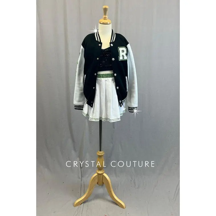 Black & White Varsity Jacket with White Pleated Skirt - Rhinestones