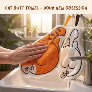 Hanging  Orange Hand towel, Cat Butt Coral Fleece Hand Towel, Soft Absorbent Decorative Towel for Bathroom, kitchen, magic cleaning cloth  tiktokshopspringglowup
