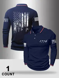 Men's Modern Casual Polo Shirt, Loose Long Sleeve Front Button Design, Flag Print, Breathable Fabric, Spring & Fall Wear, Menswear