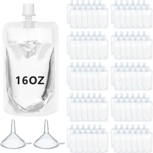 100 count Plastic Flasks Disposable Drink Pouches Clear Juice Bags Salsa Leakproof Squeeze Pouches for Travel (16 oz)