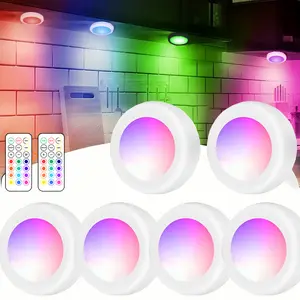 Battery Operated Puck Light with Remote, LED Under Cabinet Lighting Wireless Stick on Lights RGB Color Changing Tap Light for Party, Gaming, Display Cabinet Lights Lamp Shade Kitchen Lighting Cabinet  Lighting