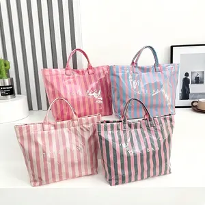 2026 New Minimalist Striped Tote Bag, PVC Handbag, Large-Capacity Women’s Work Bag for Commuting and Shopping, Very Portable, Gift for Girlfriend, Lightweight Fashionable Shopping Bag, Waterproof Design, Available in Multiple Colors