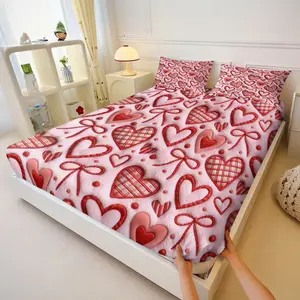 Heart Bow Embroidered Bed Sheet Set, Includes 2 Coreless Pillowcases, Tight Fit Mattress, Valentine's Day Romantic Bedroom Decor