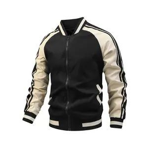Men's Retro-Inspired Bomber Jacket - Stylish Green & White Color Block, Zip-Up, Long Sleeve with Baseball Collar, Polyester, Casual Wear