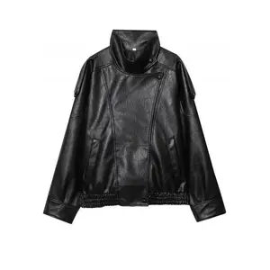 Black Faux Leather Jacket Stand Collar Oversized Moto Biker Jacket Elastic Hem Streetwear Casual Long Sleeve Waterproof Windproof Outerwear for Spring & Fall Ladies Clothes for Daily Wear - Coats active woman overcoat  line  dress