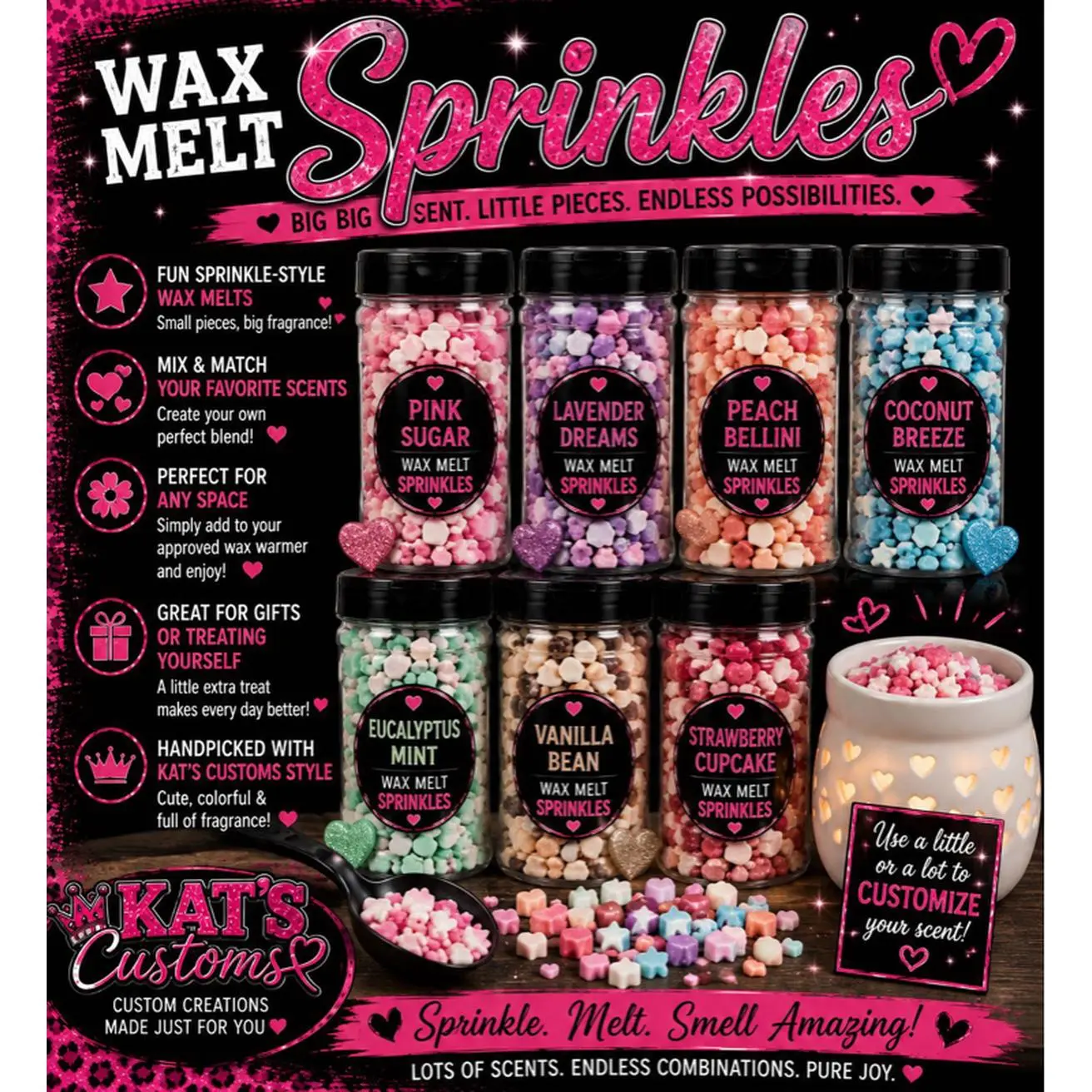 Kat's Customs Wax Melt Sprinkles - Fun Sprinkle-Style Wax Melts in Pink Sugar, Lavender Dreams, Peach Bellini, Coconut Breeze, Eucalyptus Mint, Vanilla Bean, Strawberry Cupcake Scents