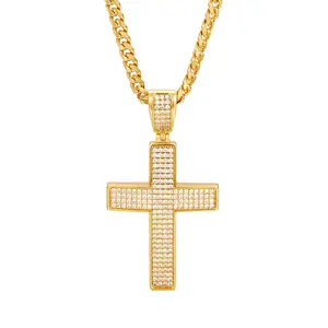 Cross-Shaped Sparkling Copper Pendant with Zirconia Gold Necklace on 61cm Stainless Steel Chain Hip Hop Fashion Jewelry