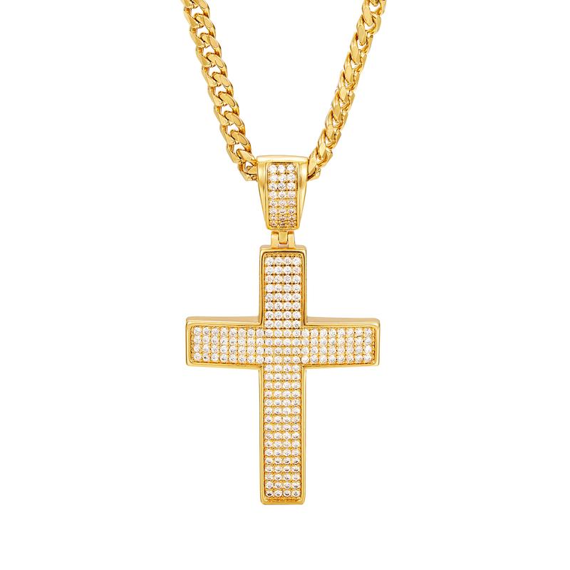 Cross-Shaped Sparkling Copper Pendant with Zirconia Gold Necklace on 61cm Stainless Steel Chain Hip Hop Fashion Jewelry