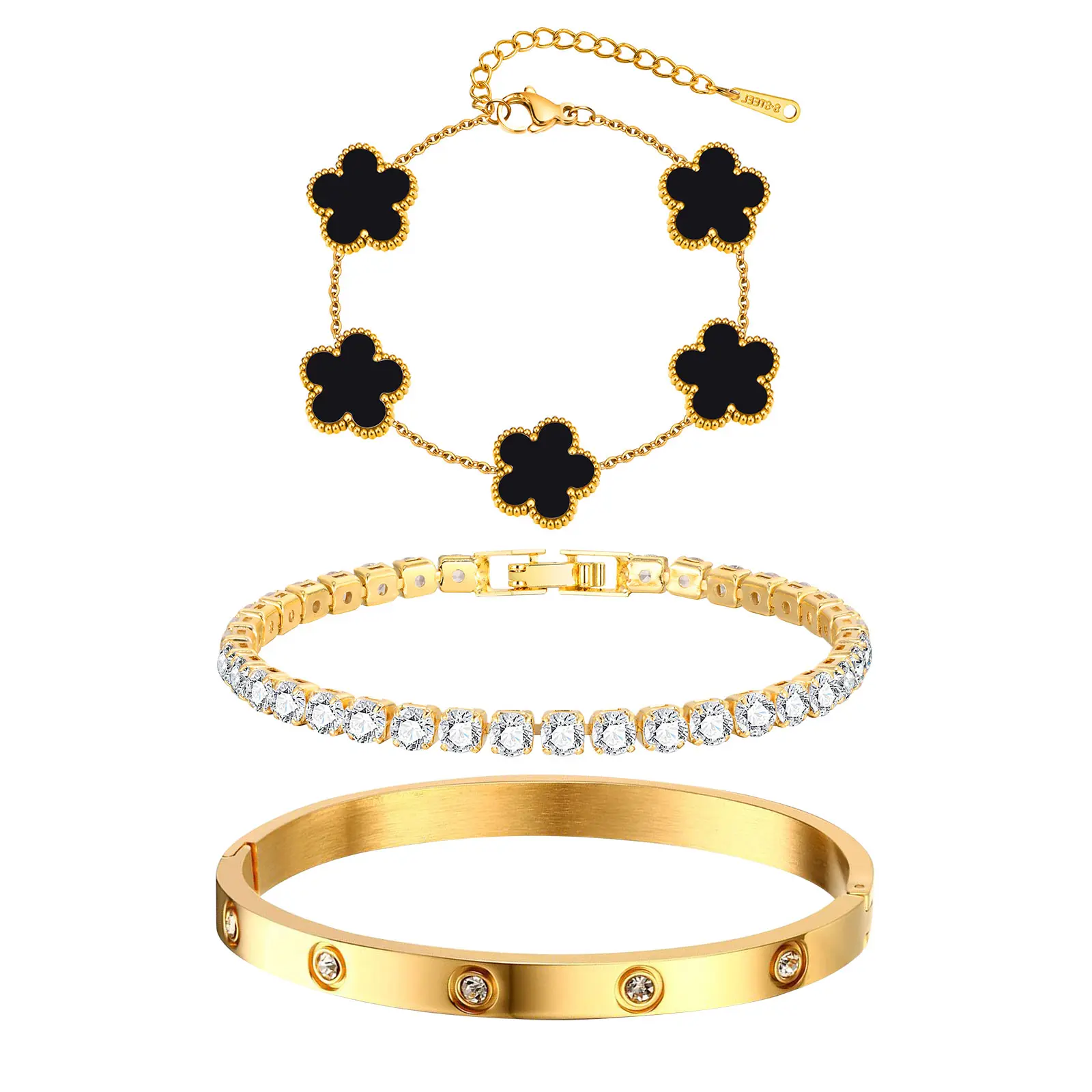 VNOX Layered Stack Bangles bracelet Set 3PCS Mothers day gifts ideas, 18 K Gold Zircon Stainless Steel floral charm Bracelets, Non Tarnish Open Bangle for Women, Adjustable hand chain Cuff, Daily Fashion Jewelry, Gift for Her cute jewelry lock bracelet, M