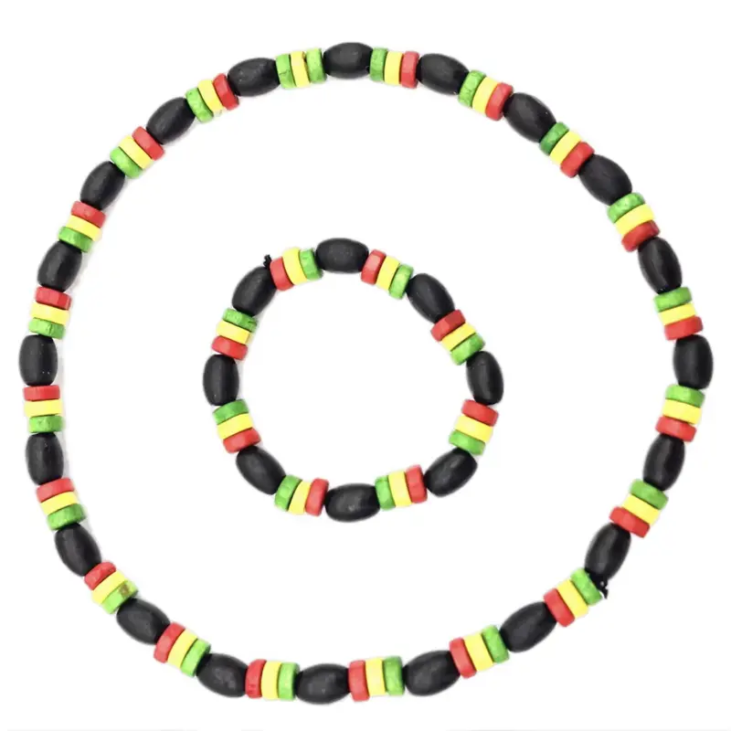 African Necklace and Bracelet Set with Wooden Beads Multi Color for Stylish Accessory