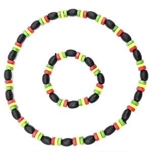 African Necklace and Bracelet Set with Wooden Beads Multi Color for Stylish Accessory