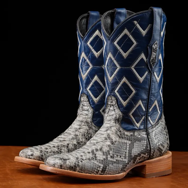 Natural Python Print Leather Boot - Square Toe