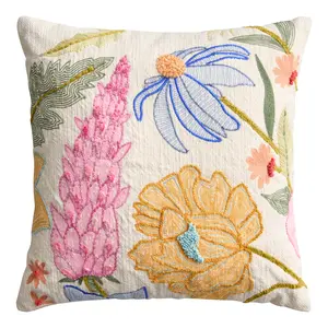 Multicolor Flower Embroidered Indoor Outdoor Throw Pillow