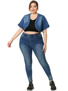 Agnes Orinda Plus Size Denim Jackets Cardigan Casual Short Crop Jean Jacket Shrug