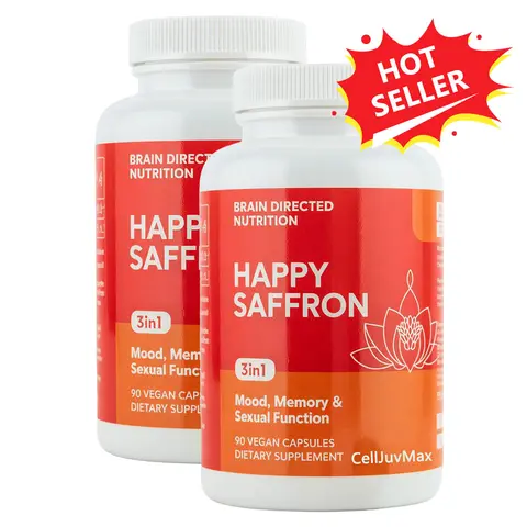 Happy Saffron Plant-Based Vegan Herbal Dietary Supplement for Adults - 90 Capsules, 10mg Saffron + Curcumin, Zinc, 30mg/Serving, Gluten-Free, Antioxidant Support, Sleep Aid, Cognitive Function & Brain Health, Stress Relief, Focus Boost, Emotional Balance