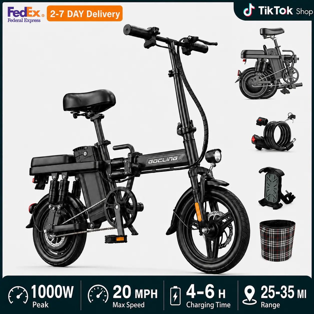 1000W Peak Folding Electric  for Adults, 20MPH Top Speed, 30+ Miles Range 14"  Ebike, Removable 48V Battery, Multi Shock Absorber, 330LBS Load, UL 2849 Certified, Full Accessories: Basket, Phone Mount, Lock, Rear Backrest compact bike
