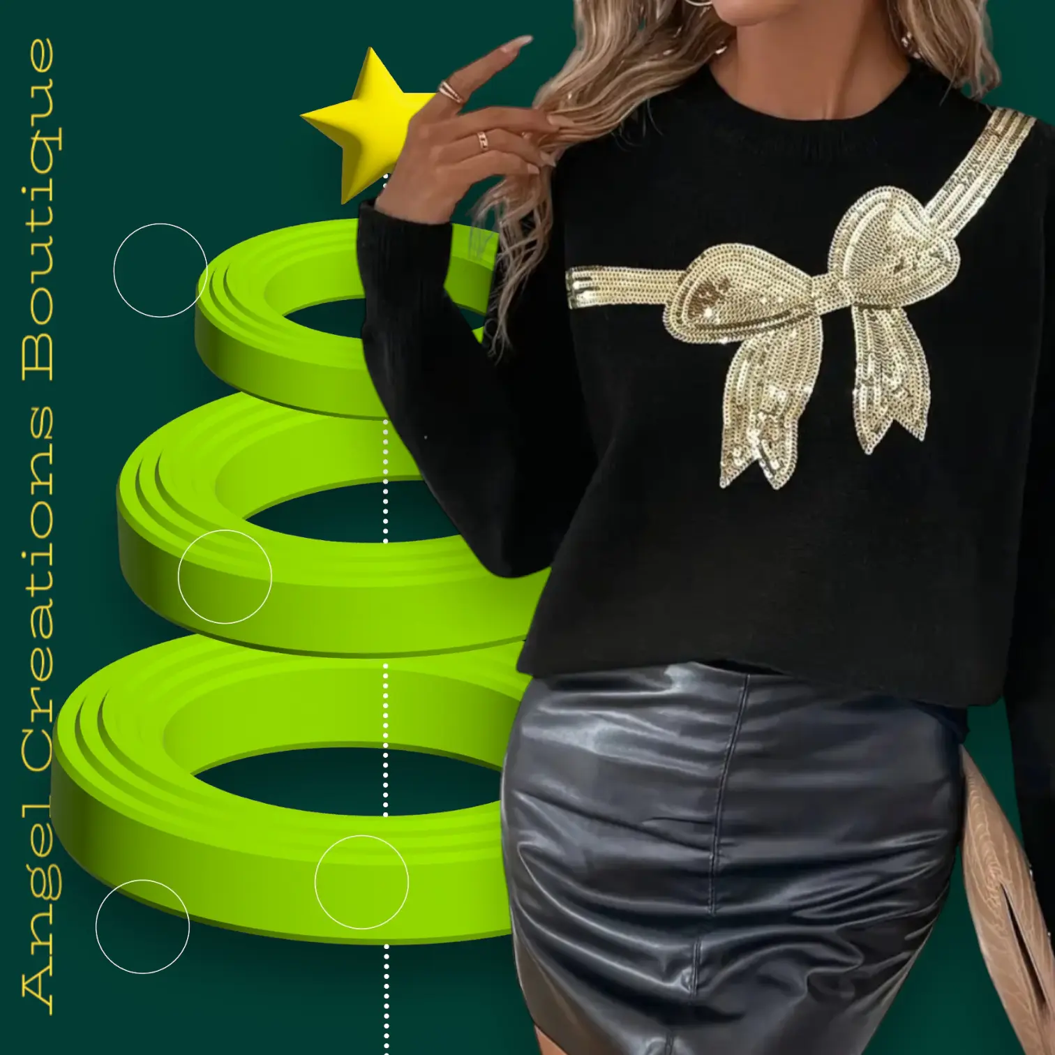 Angel Creations Boutique Pretty Bow Sweater - Black Sequin Embellished Crew Neck Knit Top for Sparkle and Style